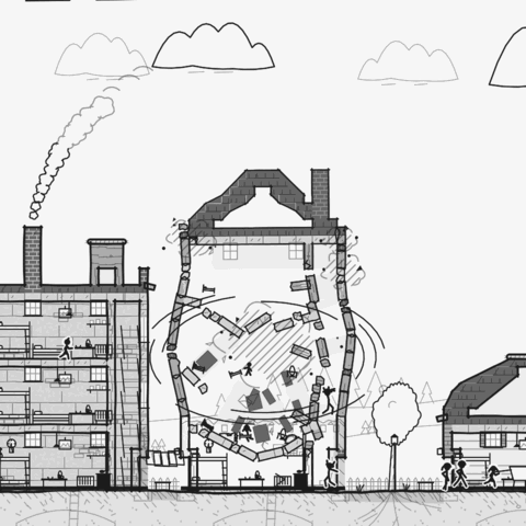 A house bursting apart as a blow lands: blocks and furniture flying out of its walls.