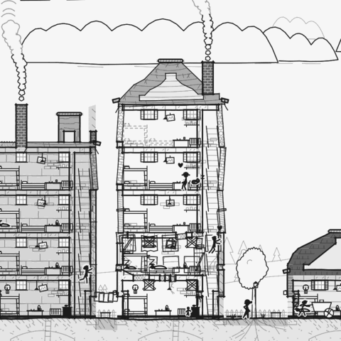 Four days later: the house stands again, taller than before, with patched walls and odd blocks.