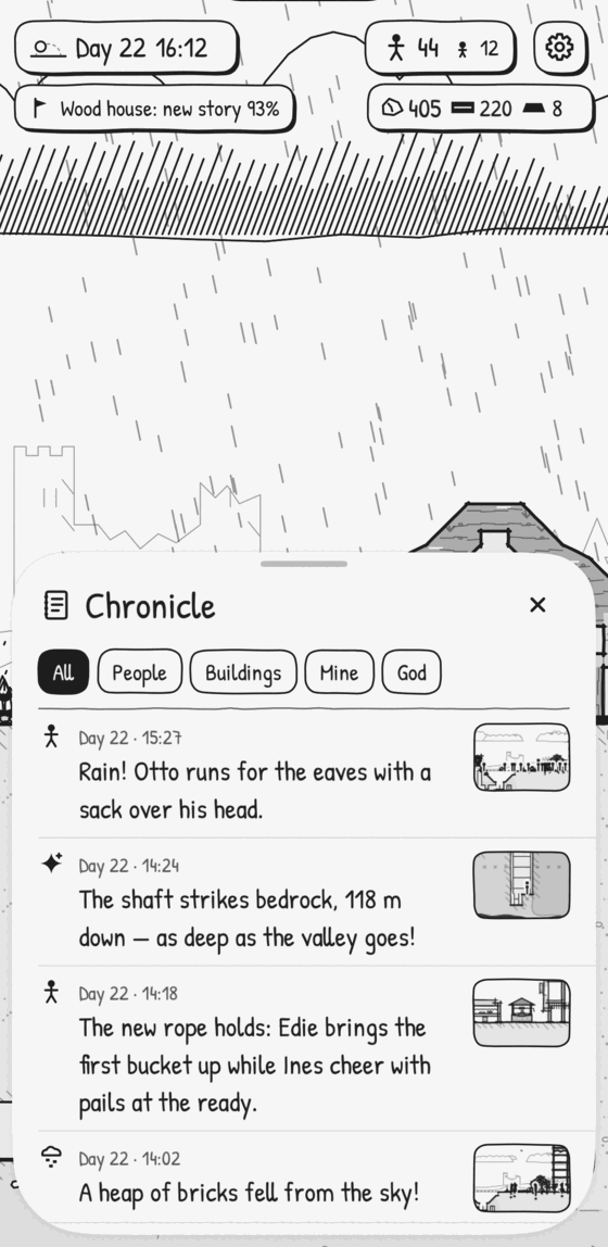 The chronicle sheet with its filters, All, People, Buildings, Mine and God, and entries with small pictures, the last one reading A heap of bricks fell from the sky!