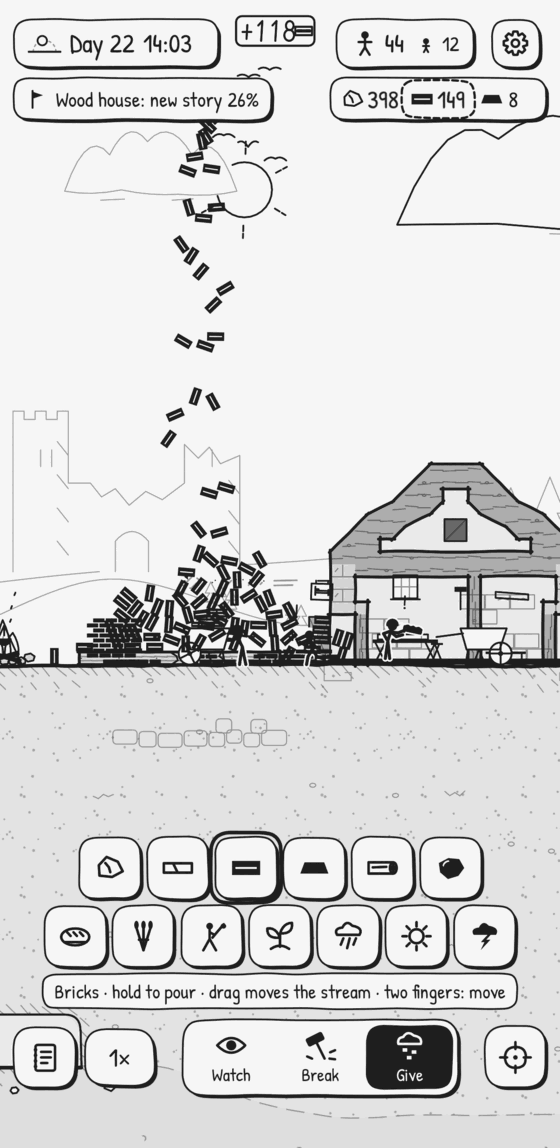 Kingdoom on iPhone with Give open: a stream of bricks pours from a small cloud onto a growing heap in the street, with a tally of +118. The palette below shows goods, food, a stranger, a sapling and the weather.