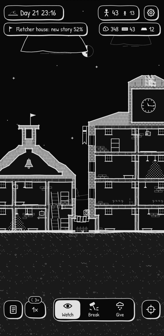 Kingdoom on iPhone at night: the whole picture is white ink on black, a bell house and a clock tower with lit rooms, and the day and population chips at the top.