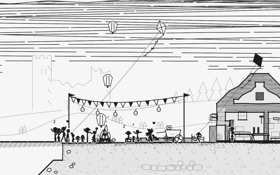 The festival at dusk: bunting and paper lanterns over a fire, people dancing, kites in a hatched evening sky.