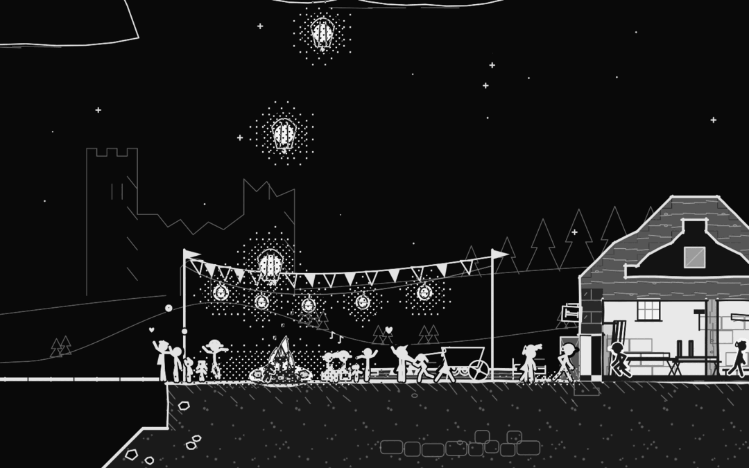 The same festival an hour later, at night: the picture is white on black, the lanterns glowing.