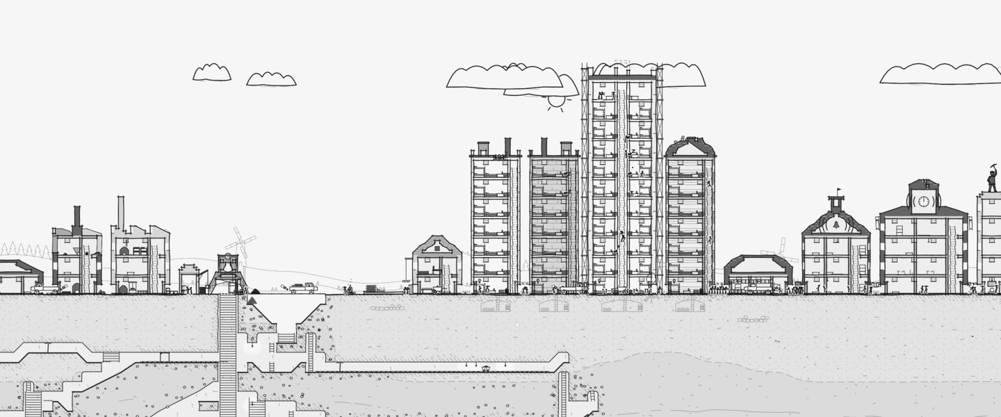 A whole Kingdoom town drawn in black ink at noon: tall apartment blocks full of stick-figure people, a town hall with a clock, a bell house, workshops with chimneys, and under the ground a mine of ladders and tunnels.