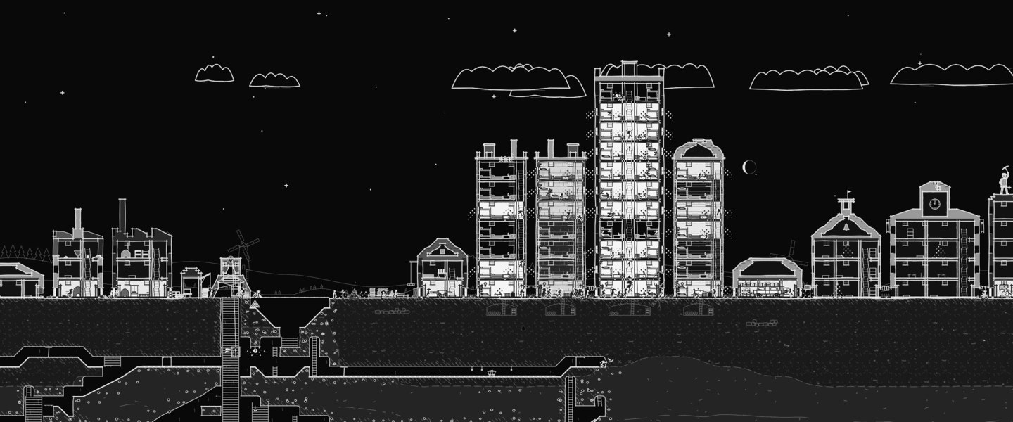 The same town at ten at night: the picture has turned to ink, the windows glow, and stars and a crescent moon hang over the rooftops.