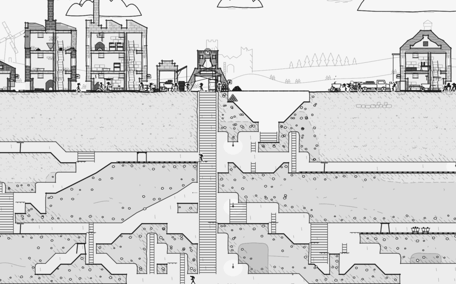 A cross-section of the mine under the town: a long ladder shaft, a lift tower at the top, tunnels and stairs cut into rock, and miners climbing down to work.