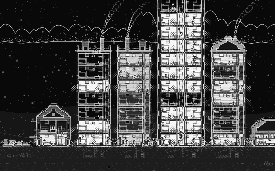 Snow falling at night on the same blocks: lit rooms, people asleep in their beds.
