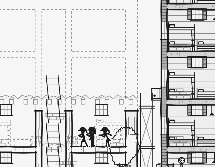 Builders on the scaffold of a new apartment block.