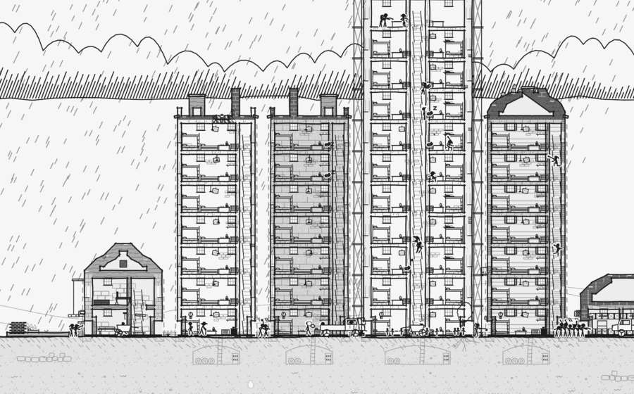 A storm over the apartment blocks: dark hatched clouds and slanting rain over the street.
